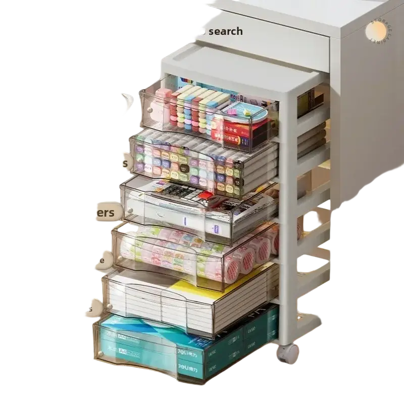 White multi-layer office desktop organizer with clear acrylic drawers and wheels versatile storage solution