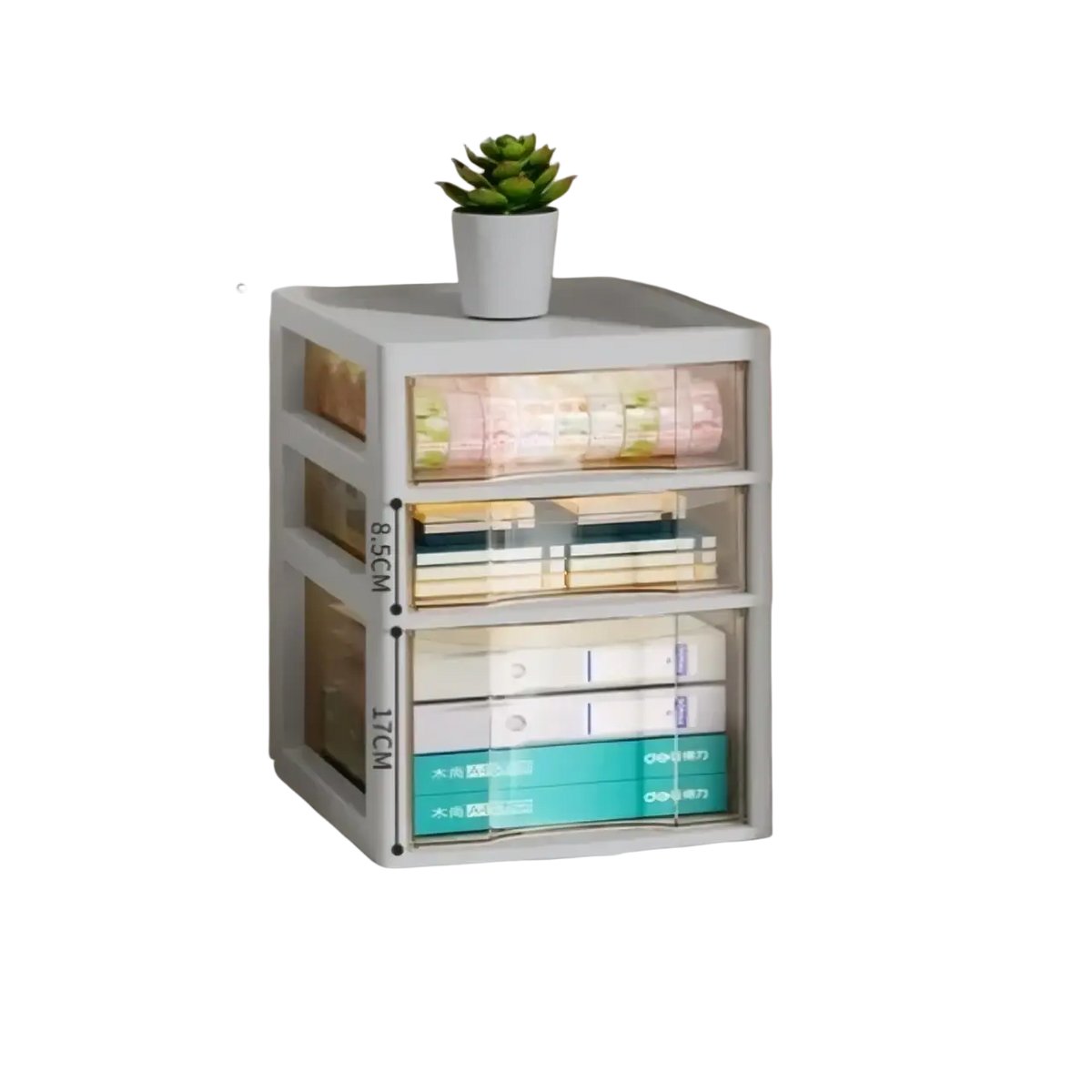 White plastic office desktop organizer with clear drawers and labeled dimensions for a versatile storage solution
