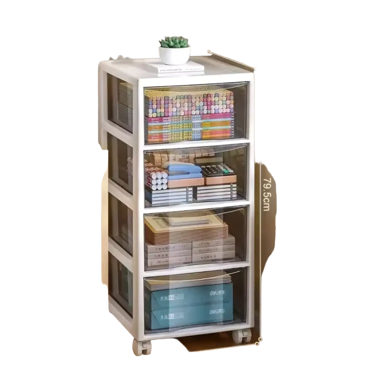 White four-tier plastic storage rack with clear drawers and wheels office desktop organizer versatile storage solution