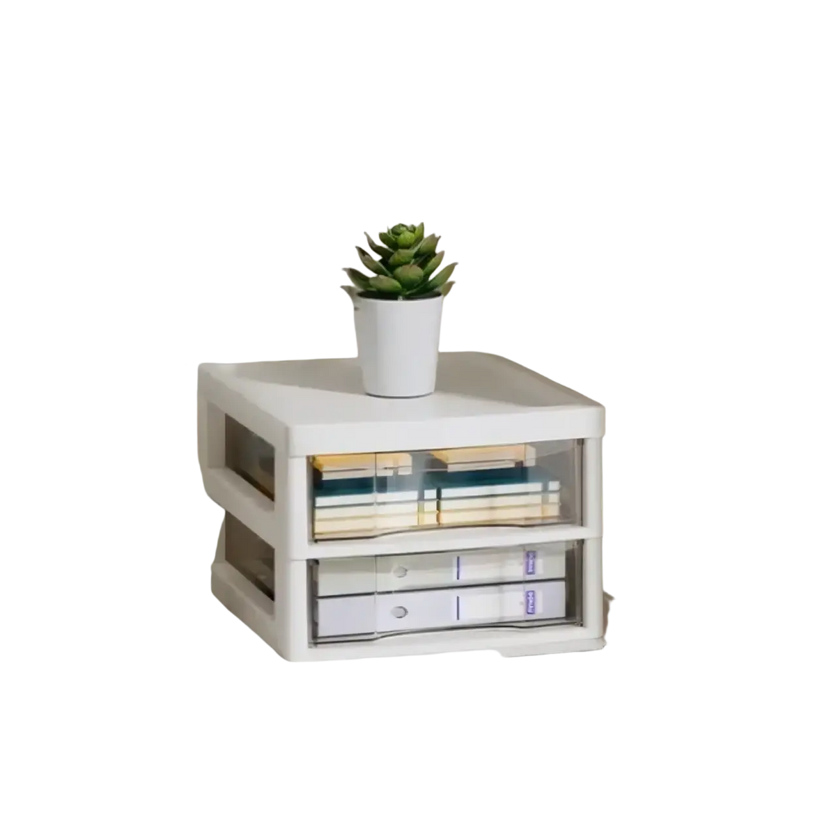White two-layer plastic office desktop organizer with clear drawers and small potted succulent as versatile storage solution