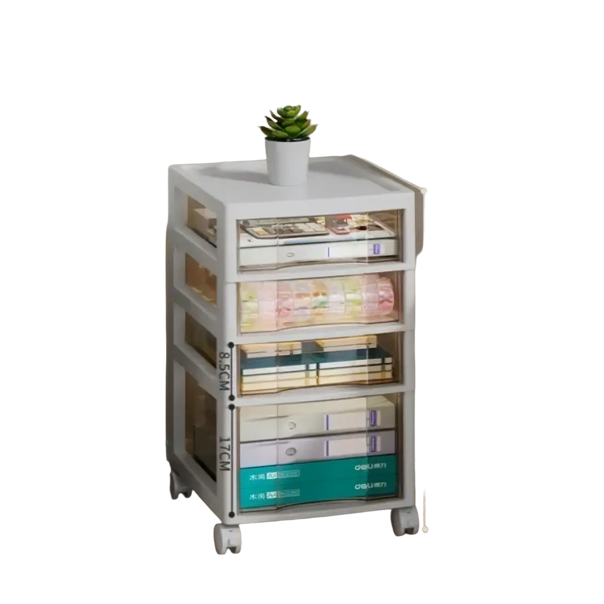 White plastic office desktop organizer with clear drawers and wheels offering versatile storage solution for home or office use