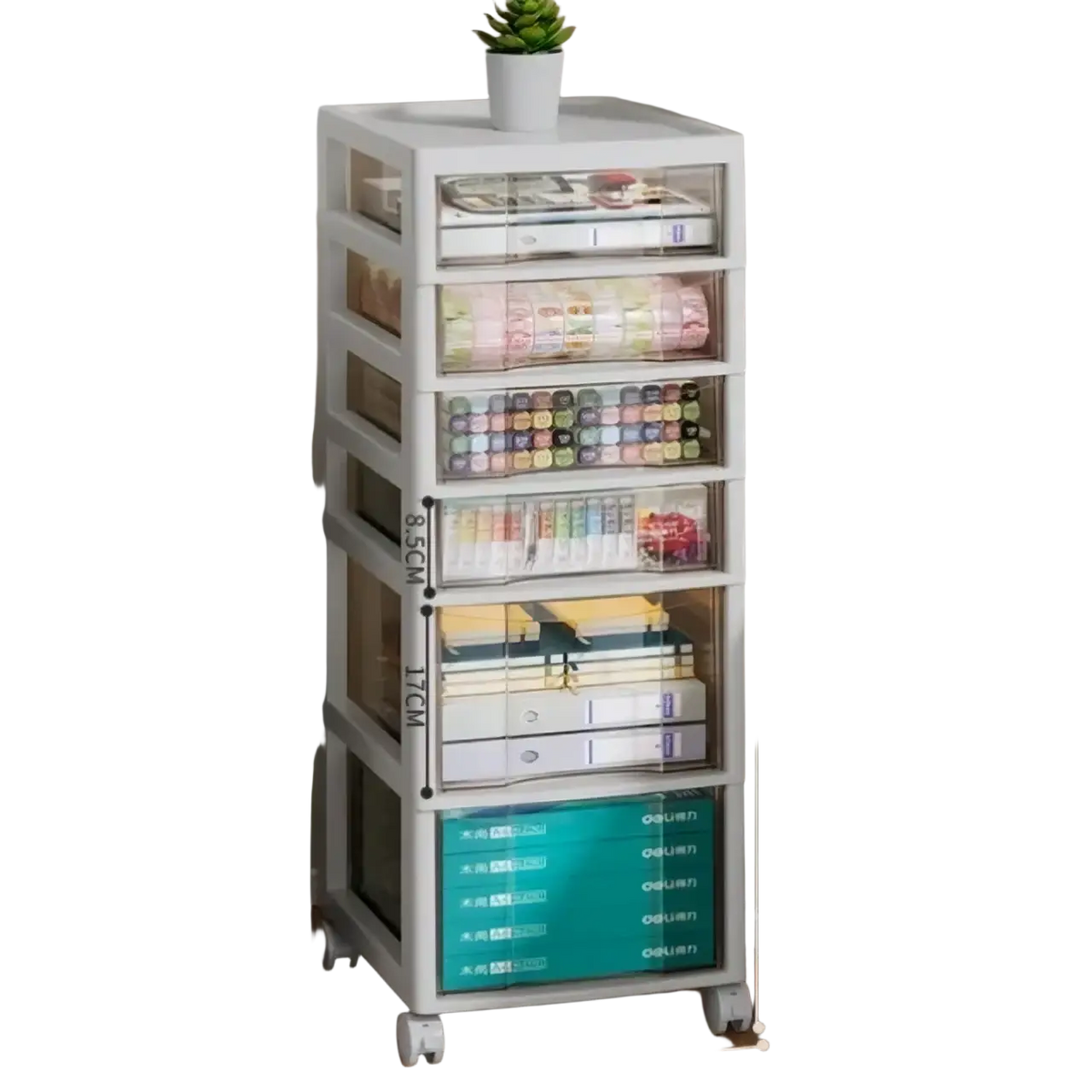 White plastic office desktop organizer storage tower with clear drawers teal bottom bins and wheels versatile storage solution