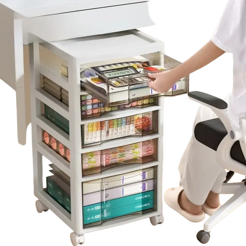 White plastic office desktop organizer with five clear drawers holding organized stationery for versatile storage solution