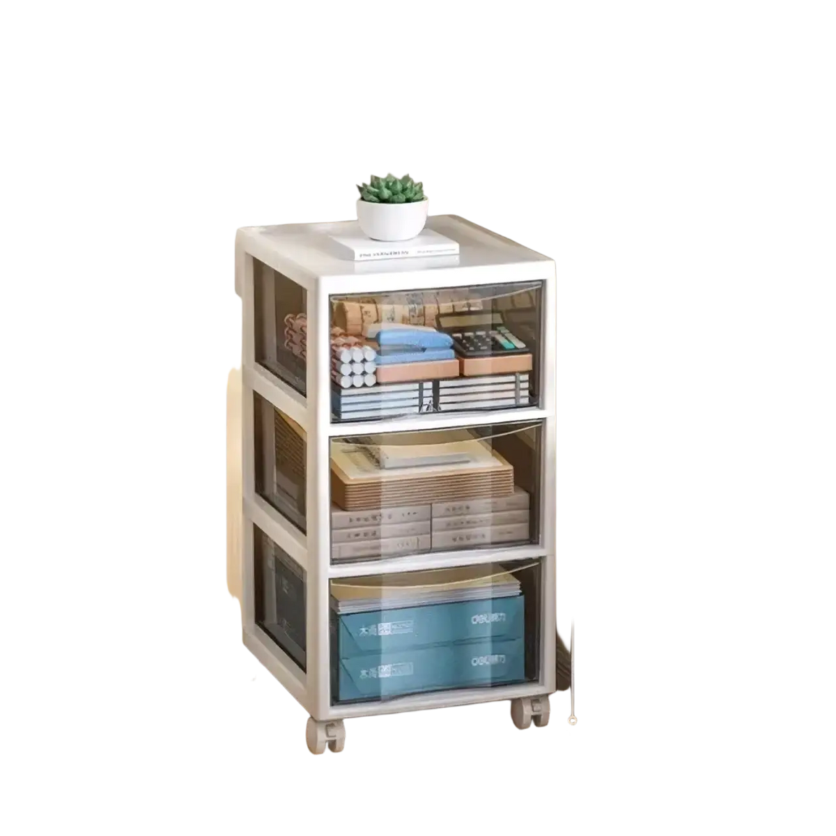 White plastic office desktop organizer with three transparent drawers and wheels for versatile storage solution