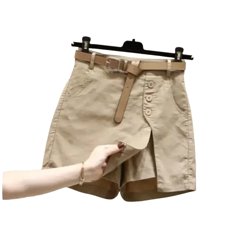 Beige office lady high-waisted wide leg shorts with matching belt and front button detail for professional wear