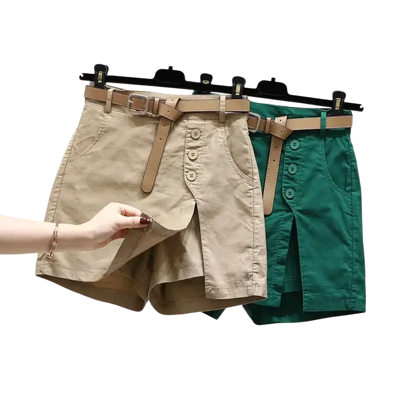 Beige office lady high-waisted shorts with button-front design and matching belt for a polished look