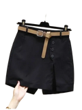 Black office lady button-front shorts with a tan leather belt and silver buckle for a polished look
