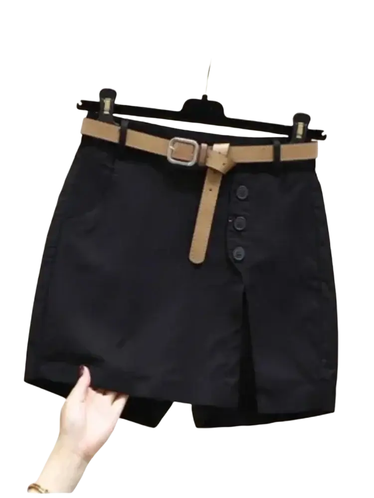 Black office lady button-front shorts with a tan leather belt and silver buckle for a polished look