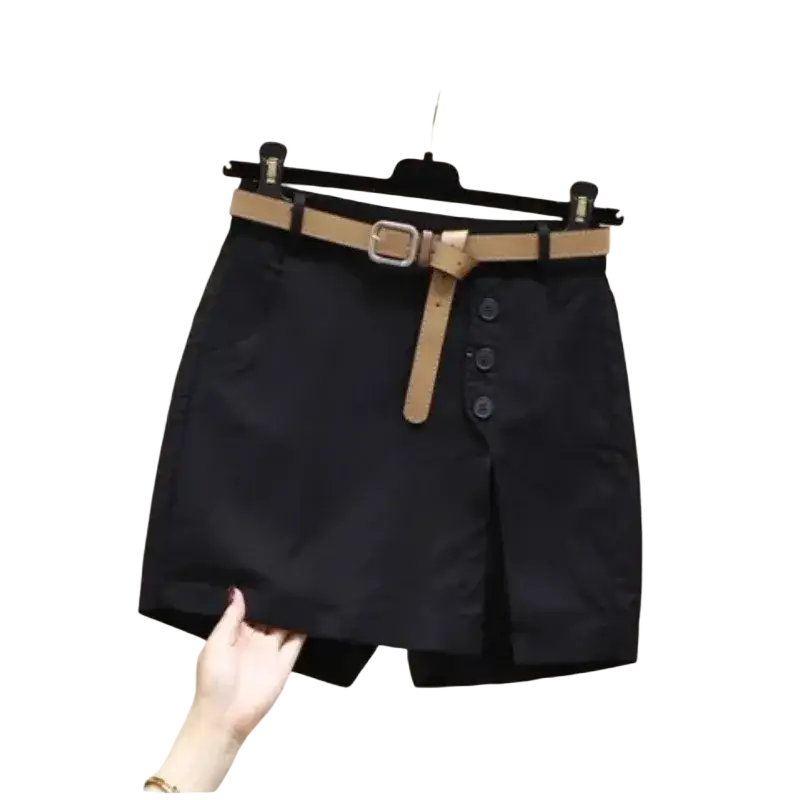 Black office lady high-waisted skirt with tan leather belt silver buckle and three front buttons for professional wear