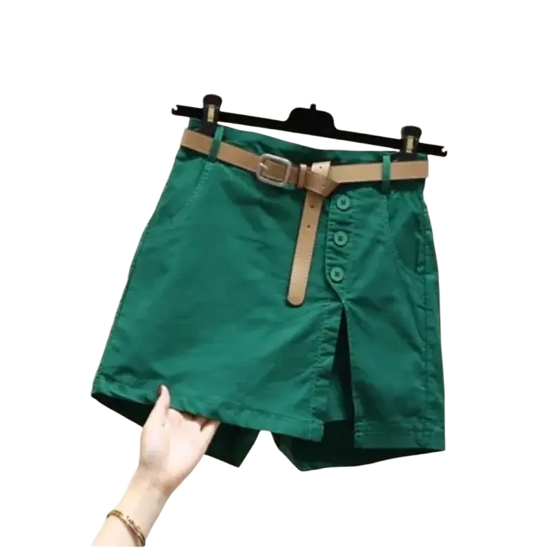 Emerald green office lady belt wide leg shorts with tan leather belt and front button closure for professional wear