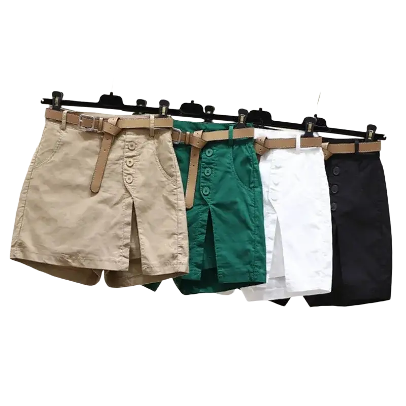 Office lady belt wide leg shorts in beige green white and black with high waist and button closure for office wear