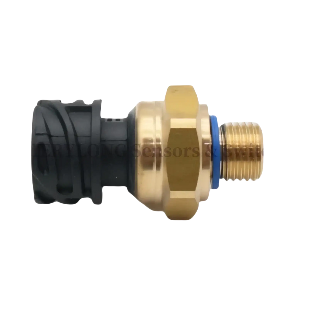 Oil pressure sensor for Daf Cf Xf 2126981 gold-colored brass with black plastic connector and blue o-ring visible