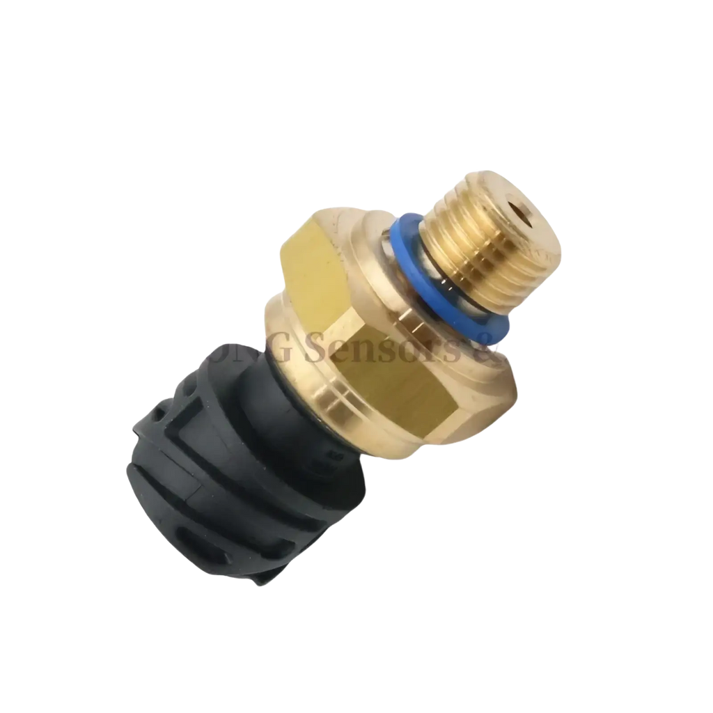 Oil pressure sensor for daf cf xf 2126981 with gold-colored brass sensor, black plastic housing, and blue o-ring