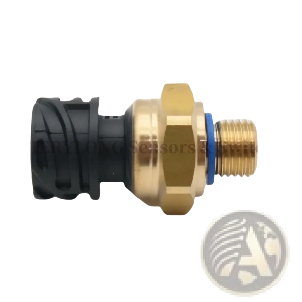 Oil pressure sensor for Daf Cf Xf 2126981 gold-colored brass with black plastic connector and blue o-ring visible