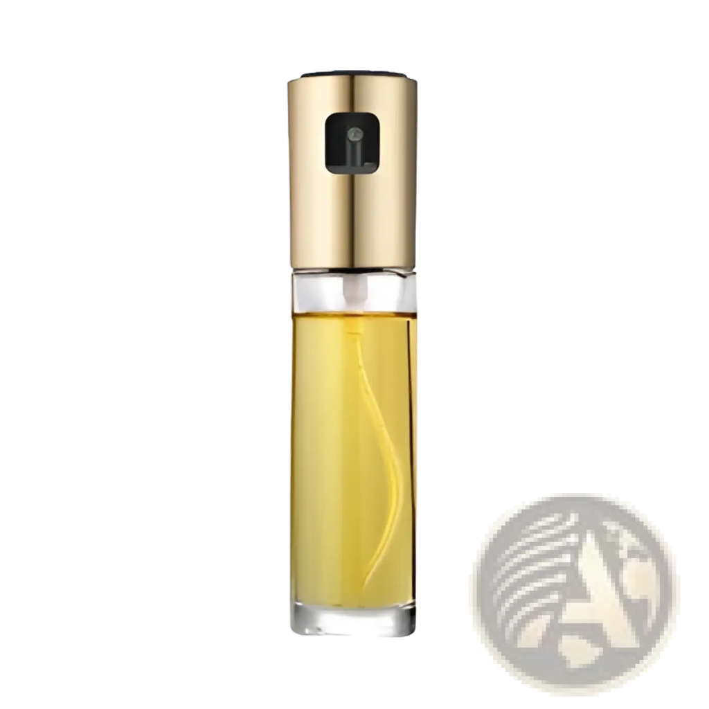 Gold-toned oil spray bottle with leakproof glass body containing golden-yellow cooking oil for kitchen use