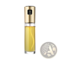 Gold-toned oil spray bottle with leakproof glass body containing golden-yellow cooking oil for kitchen use