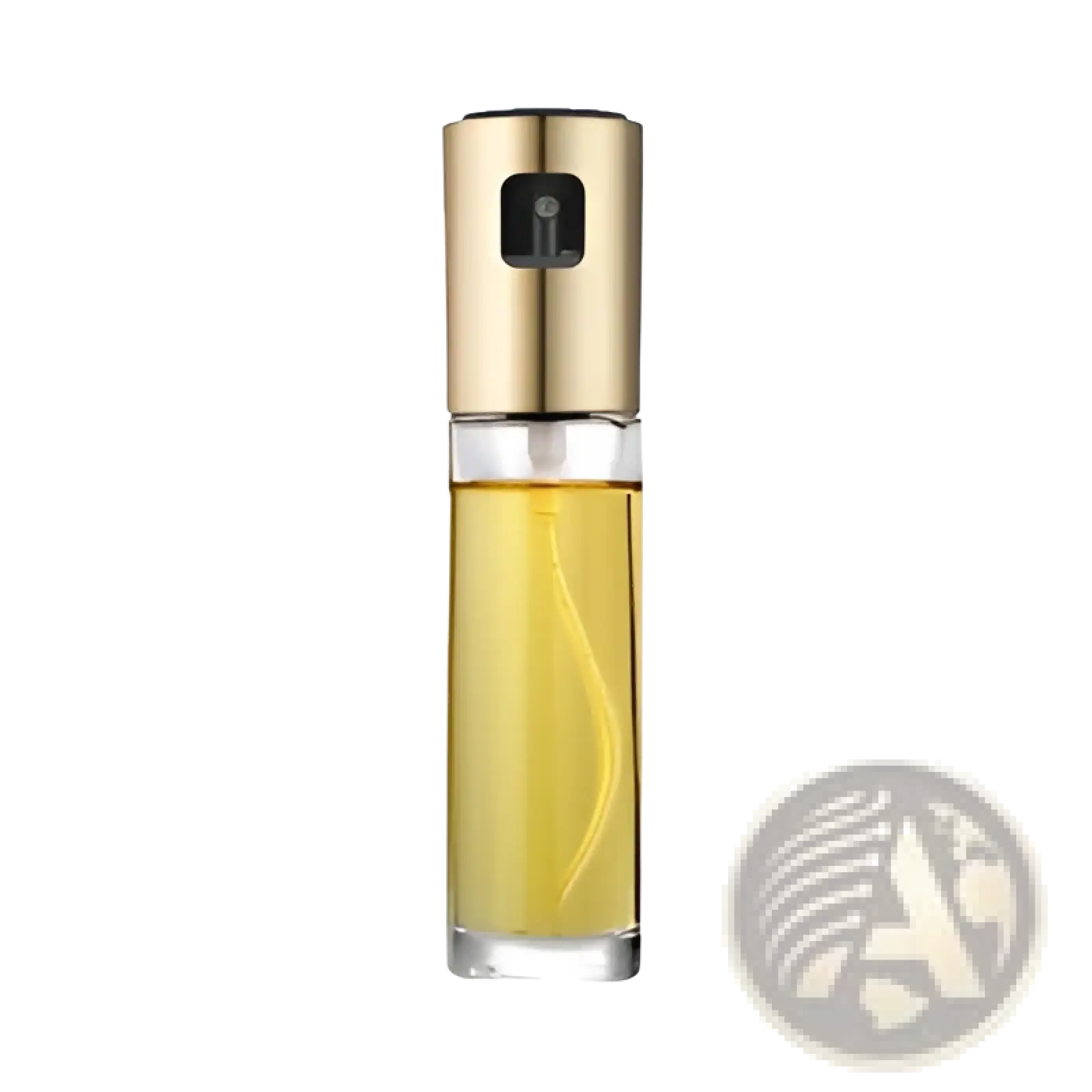 Gold-toned oil spray bottle with leakproof glass body containing golden-yellow cooking oil for kitchen use