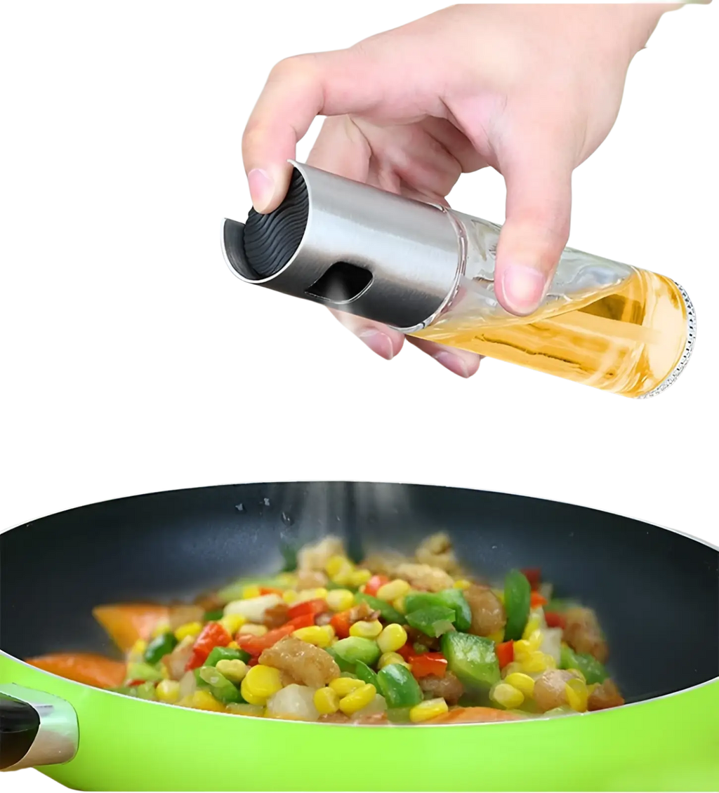 Stainless steel and clear glass oil spray bottle with a black textured top for cooking leakproof use