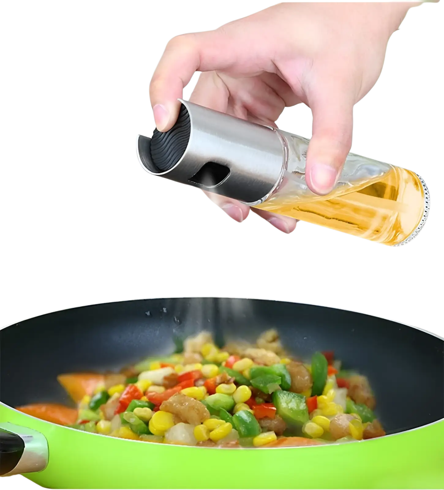Stainless steel and clear glass oil spray bottle with a black textured top for cooking leakproof use