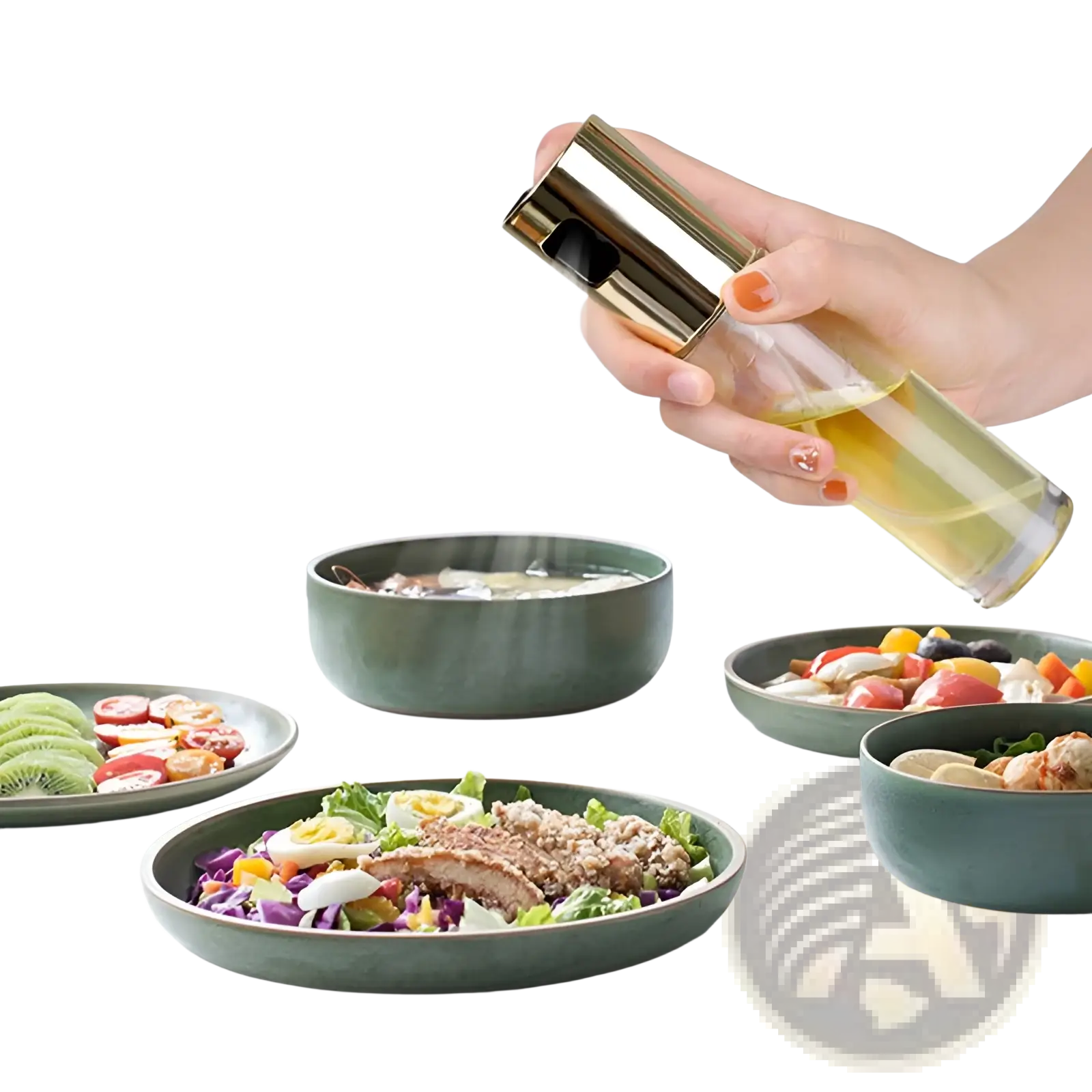 Gold-toned oil spray bottle with clear glass body filled with yellow liquid leakproof glass sprayer for cooking