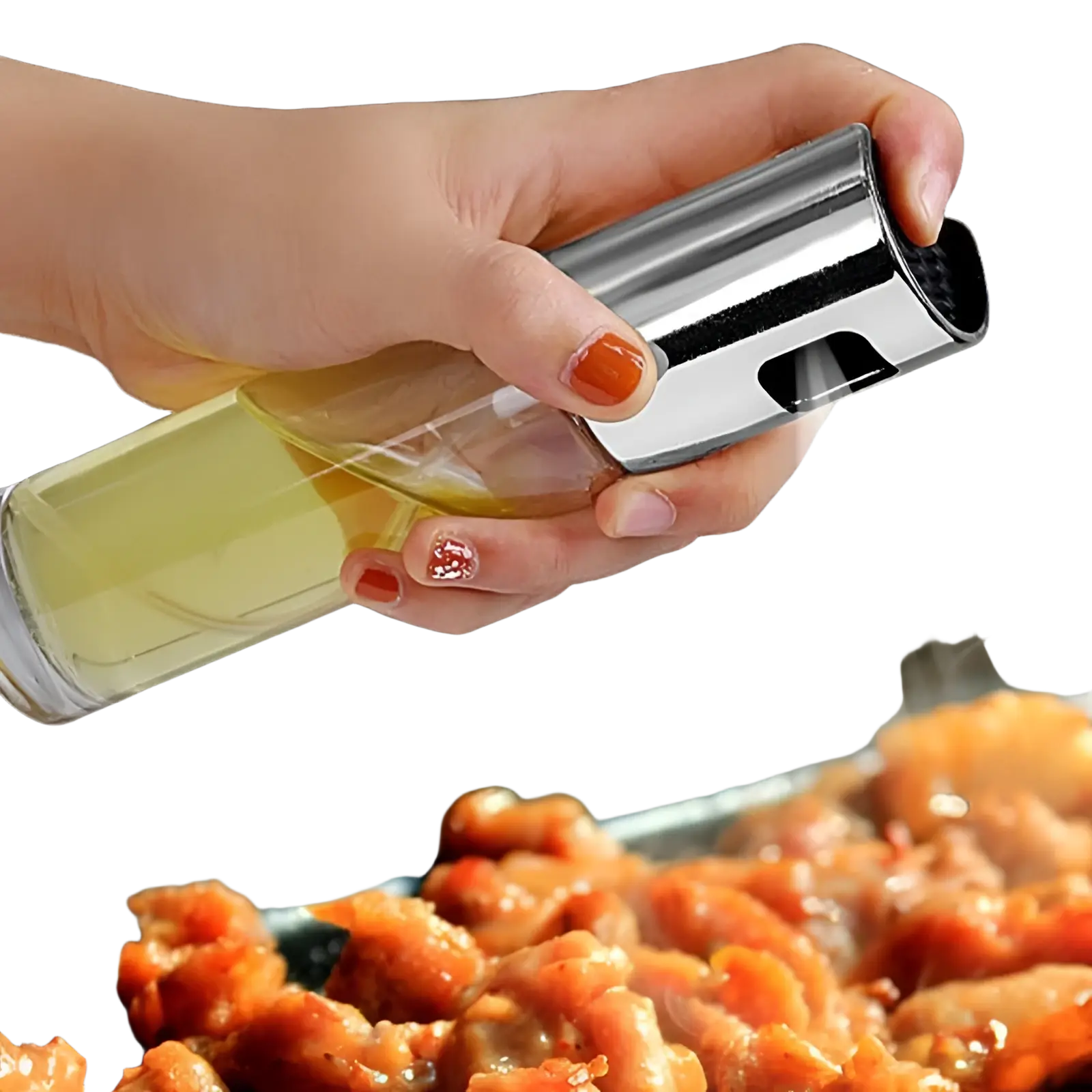 A sleek transparent glass oil spray bottle for cooking with a shiny chrome leakproof nozzle and trigger mechanism