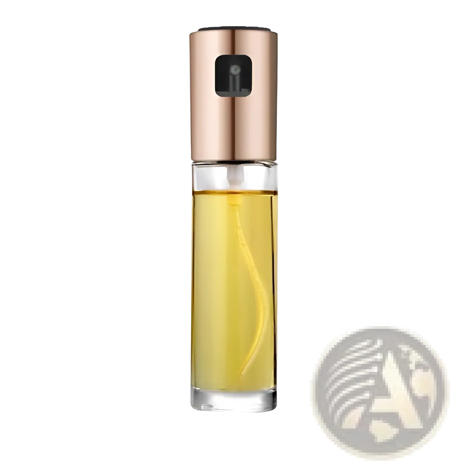 A sleek rose gold leakproof glass oil spray bottle with clear body filled with golden-yellow cooking liquid