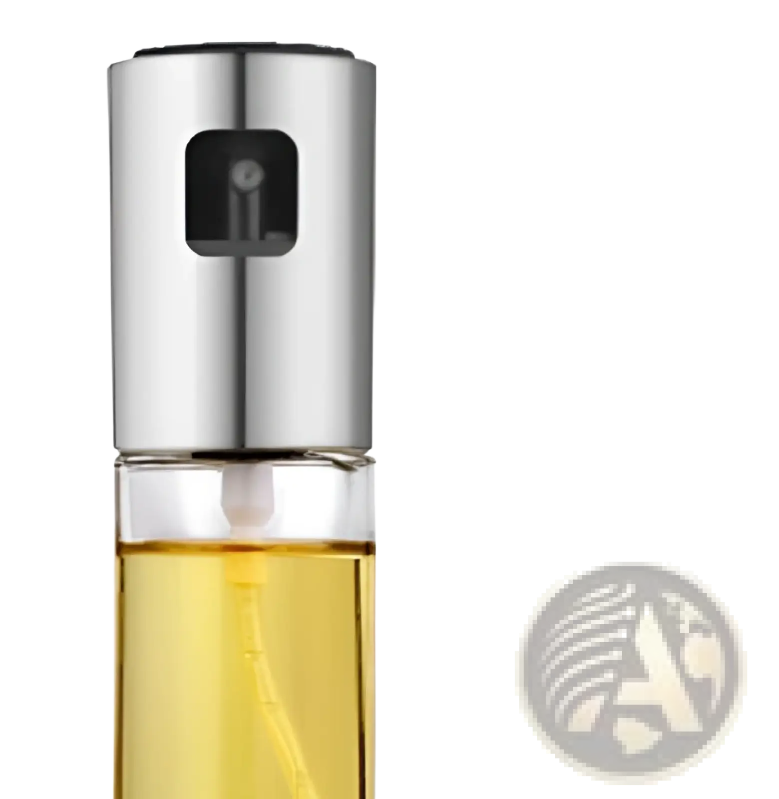 Stainless steel oil spray bottle with clear glass body containing golden liquid for cooking leakproof glass sprayer