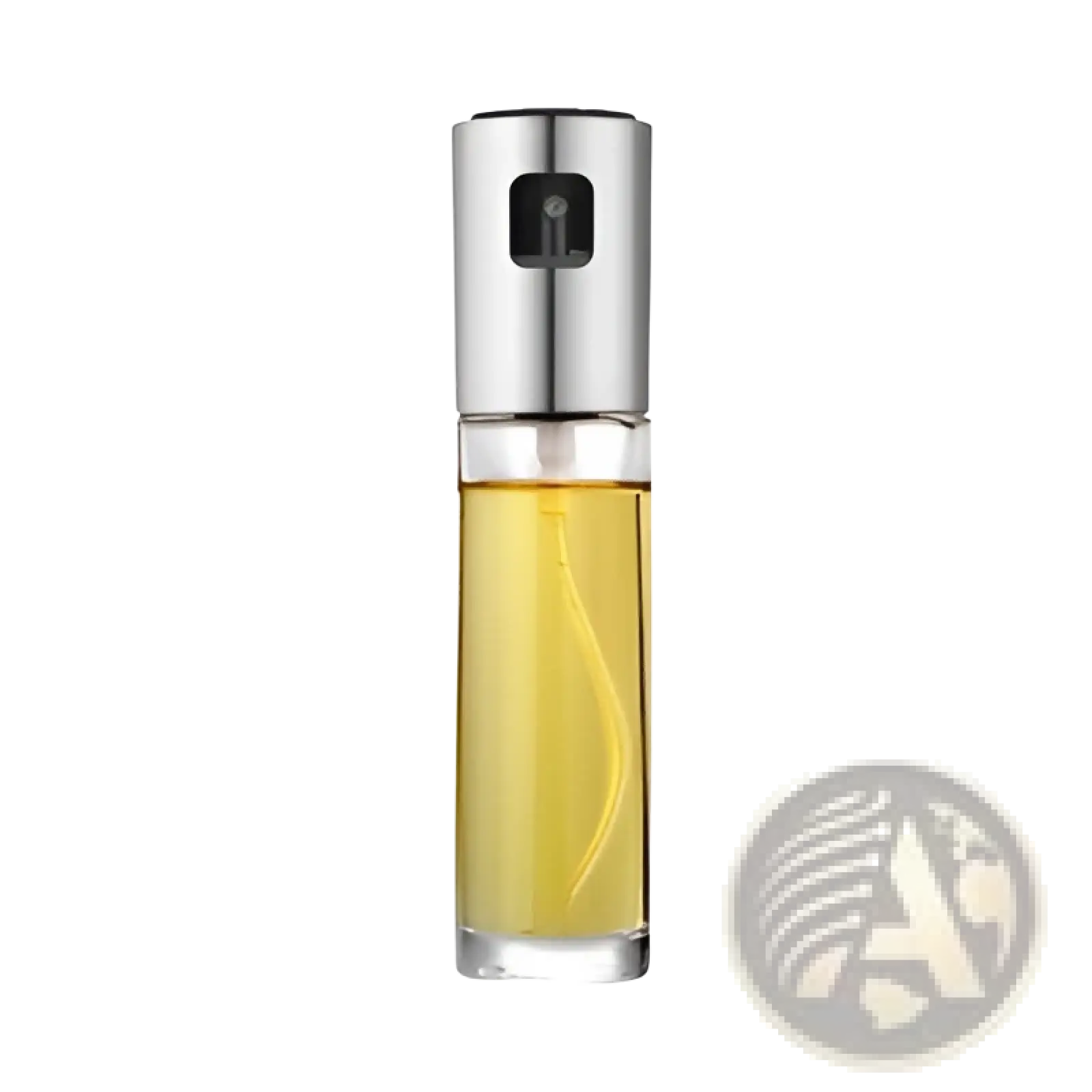 Silver leakproof glass oil spray bottle filled with golden-yellow oil for cooking use