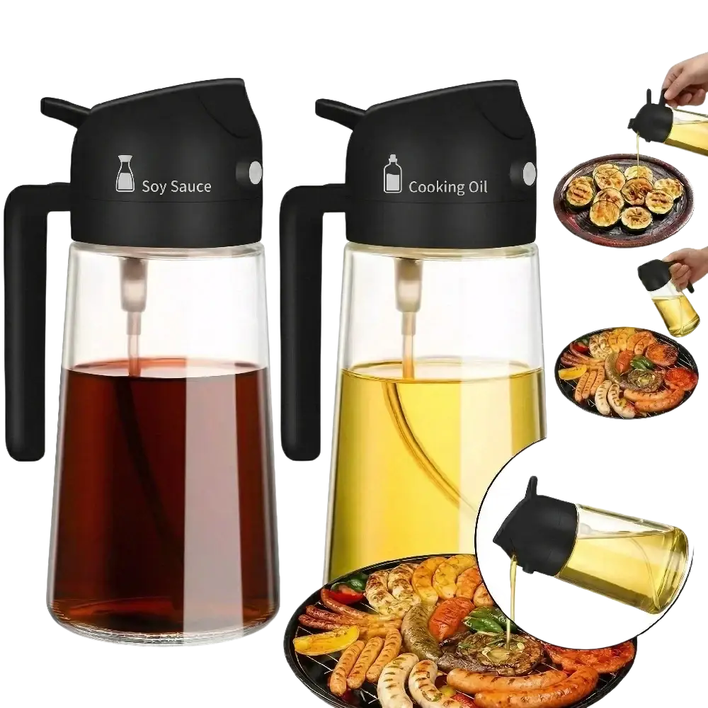 Black-handled clear glass oil sprayer bottles with black caps labeled soy sauce and cooking oil for precise kitchen oil use