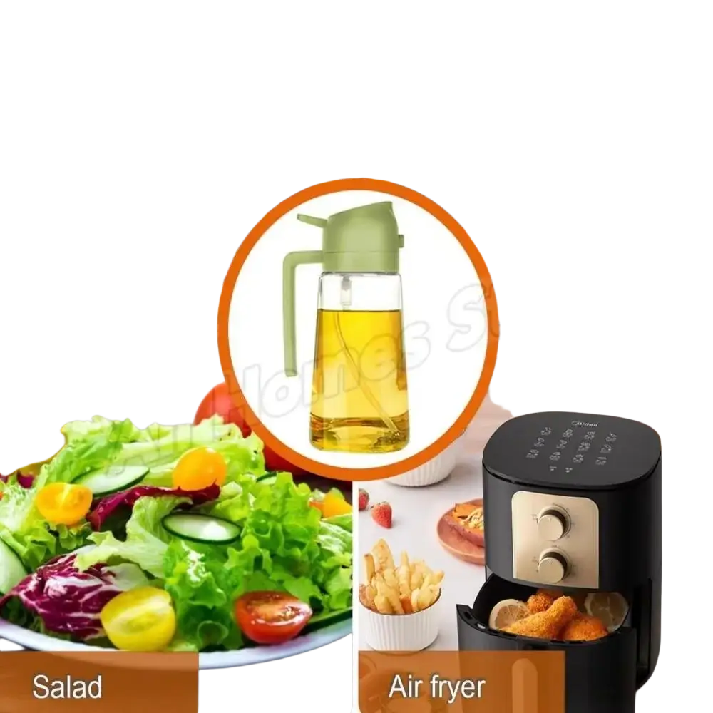 Green plastic pour spout oil sprayer with clear glass body filled with golden-yellow kitchen oil 500ml dispenser bottle