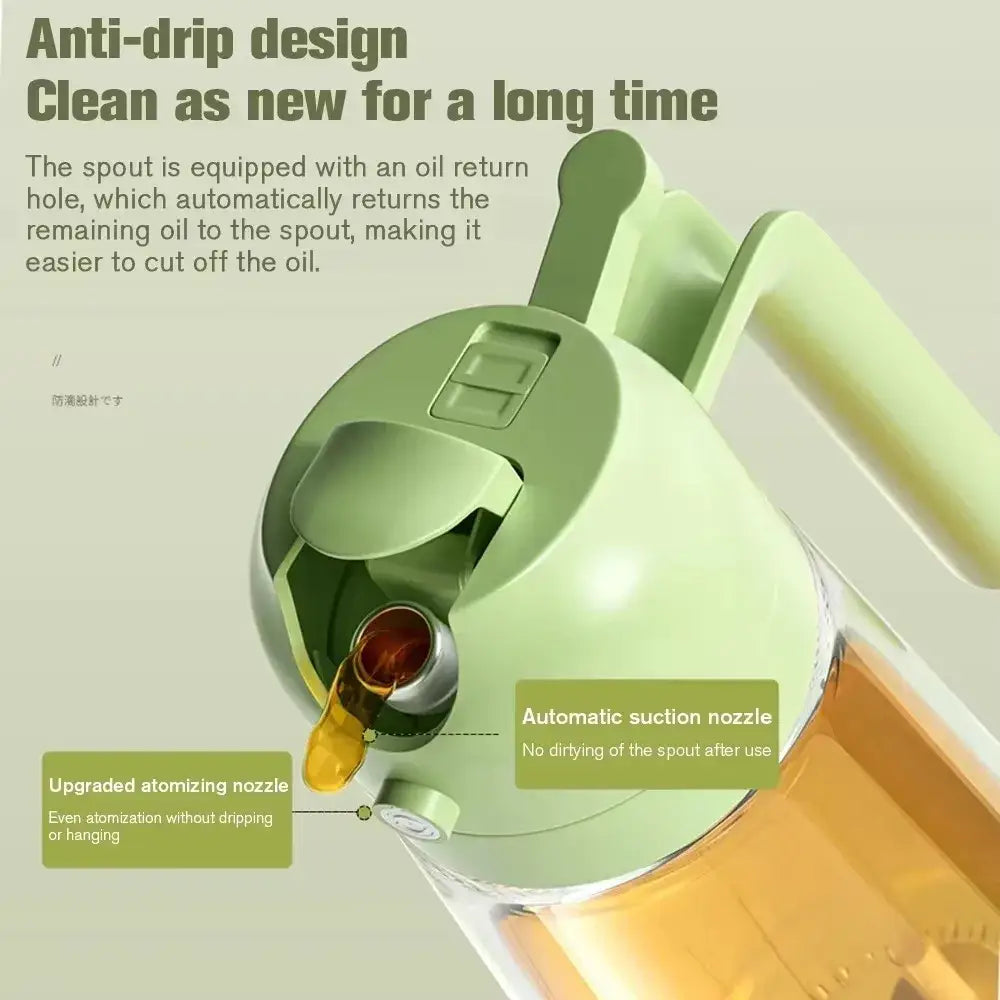 Light green plastic and clear glass oil sprayer with automatic suction nozzle for kitchen oil dispensing 500ml bottle