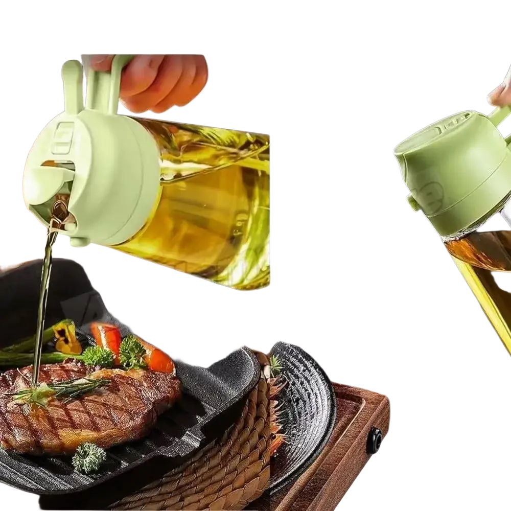 Light green plastic 500ml kitchen oil sprayer bottle with 2-in-1 pour spout and spray nozzle for oil spray use