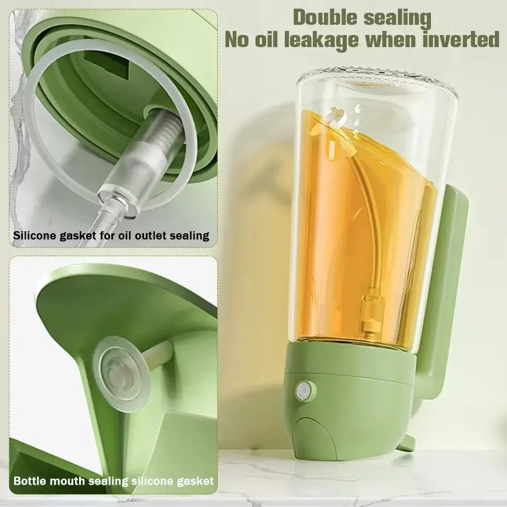 Light green plastic oil sprayer with clear glass container and silicone gaskets for secure kitchen oil dispensing 500ml