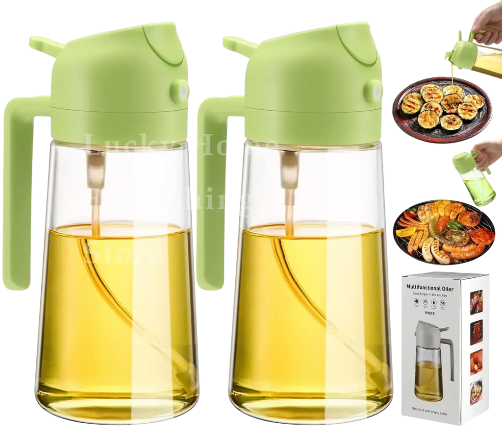 Two lime green and clear glass 500ml oil sprayers with handles filled with golden yellow kitchen oil for oil spray