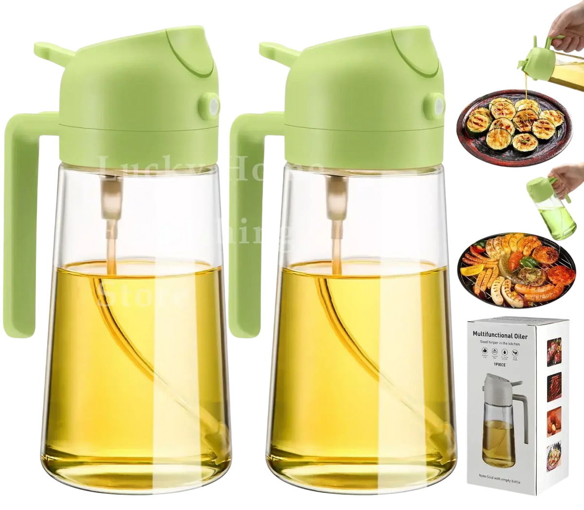 Two lime green and clear glass 500ml oil sprayers with handles filled with golden yellow kitchen oil for oil spray