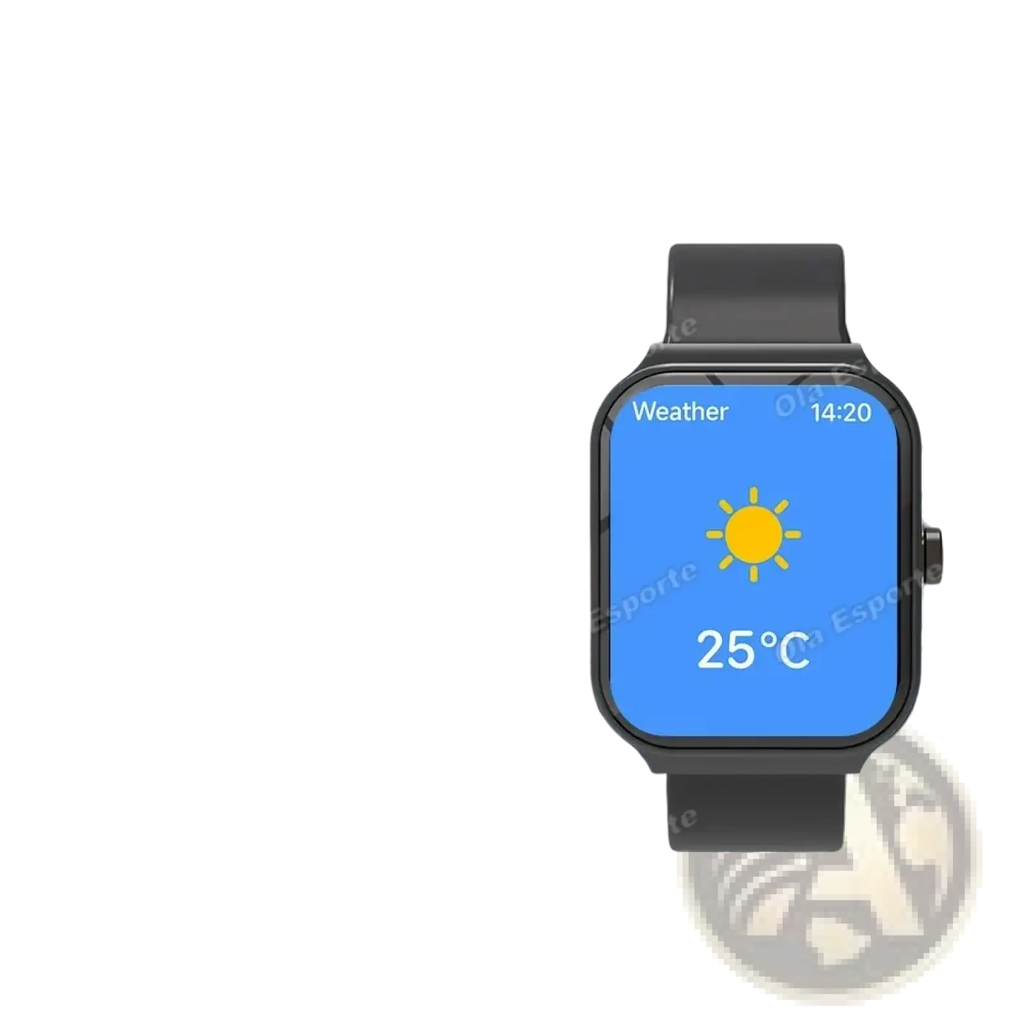 Black ola esporte bluetooth calling smartwatch with rectangular screen showing weather on blue background