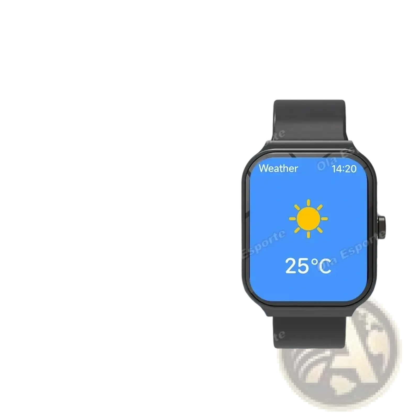 Black ola esporte bluetooth calling smartwatch with rectangular screen showing weather on blue background