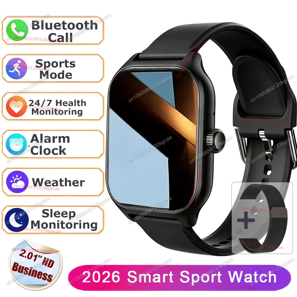 Black Ola Esporte bluetooth calling smartwatch with sleek rectangular screen and sporty mesh band for fitness tracking