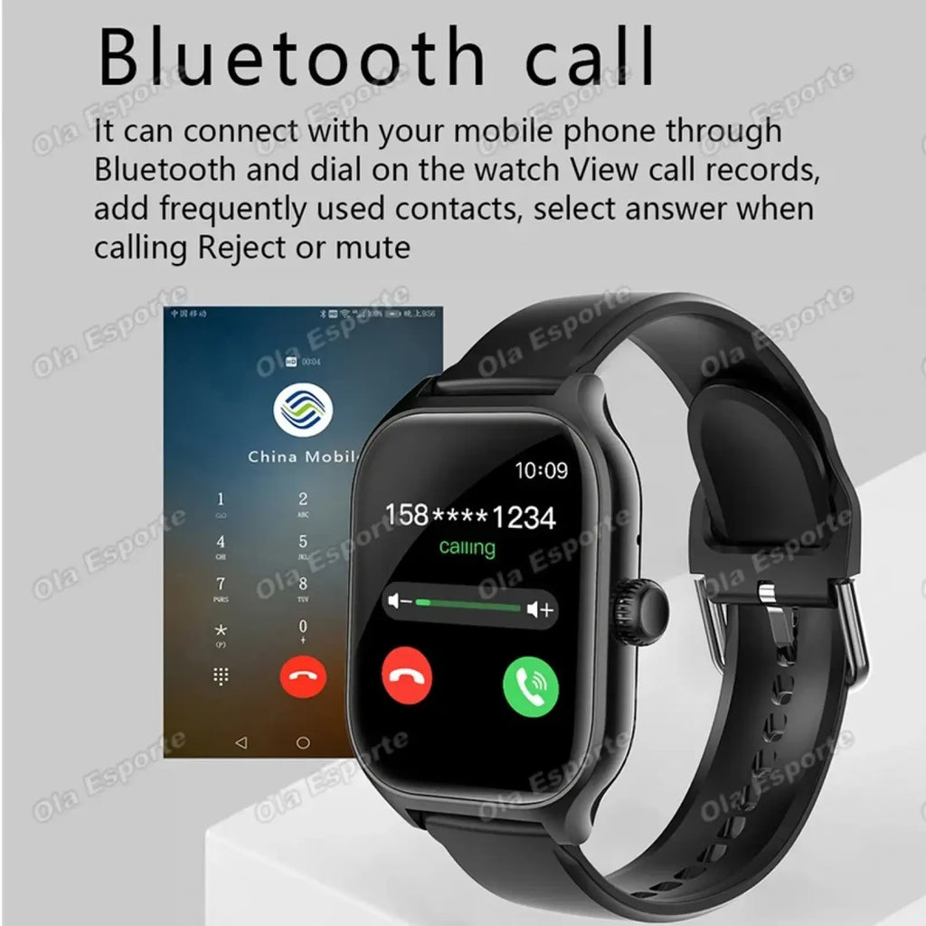 Black ola esporte bluetooth calling smartwatch with rectangular screen and black silicone strap showing active call