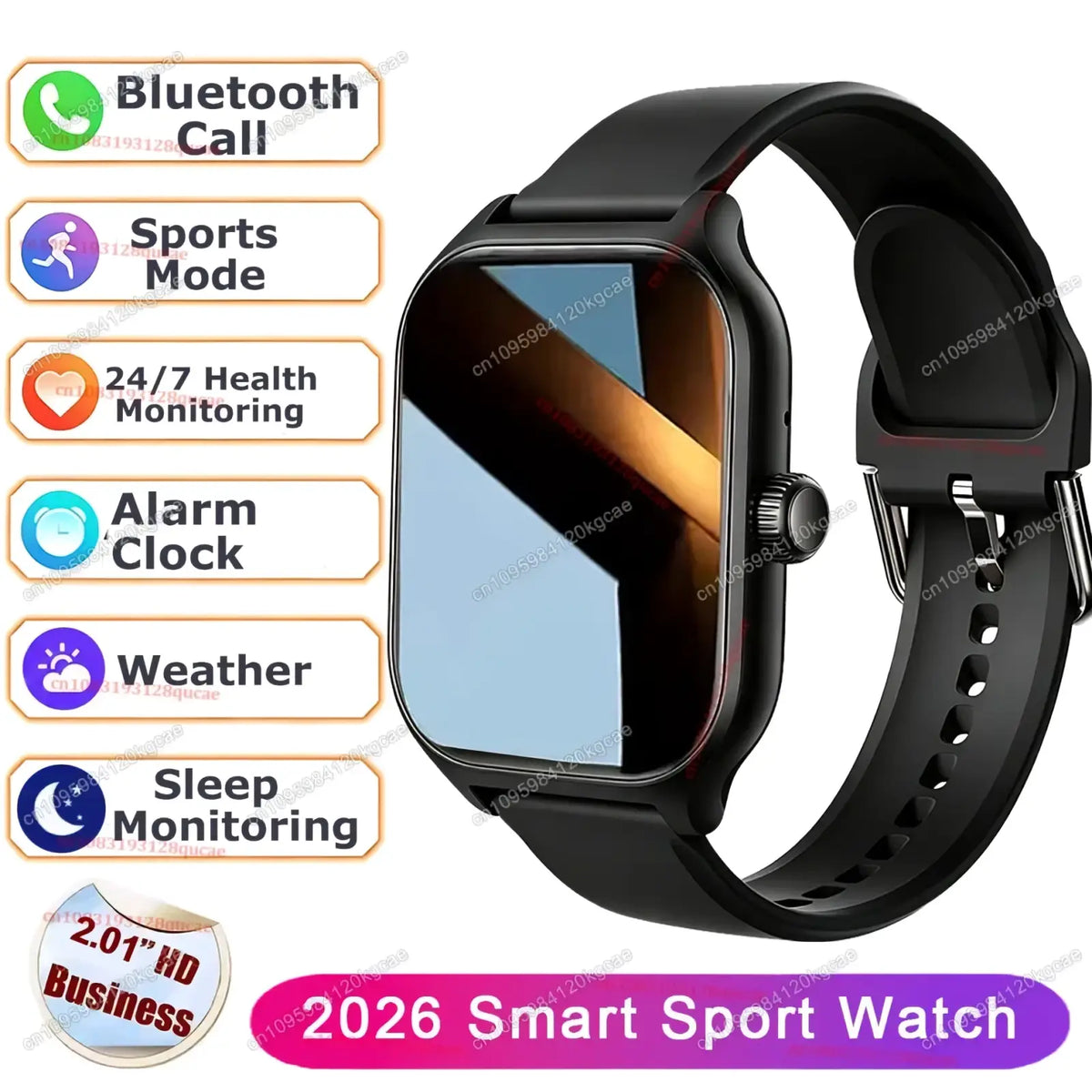 Black Ola Esporte Bluetooth calling smartwatch with sleek rectangular screen and silicone strap for fitness tracking