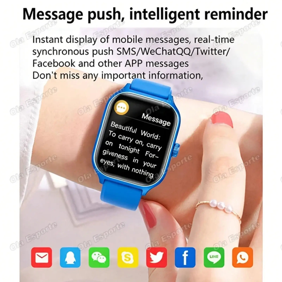 Blue Ola Esporte Bluetooth calling smartwatch with rectangular screen showing message notifications and app icons