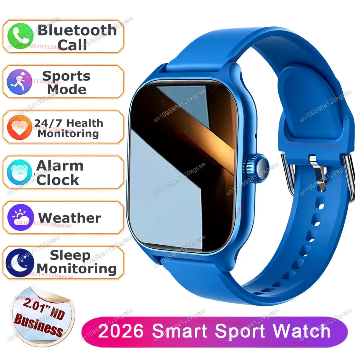 Blue silicone strap ola esporte bluetooth calling smartwatch with rectangular screen and metallic side button for fitness tracking
