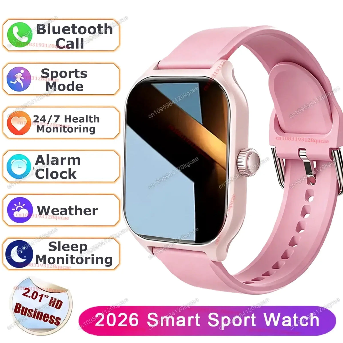 Pink silicone strap ola esporte bluetooth calling smartwatch with rectangular screen and metallic crown fitness tracker