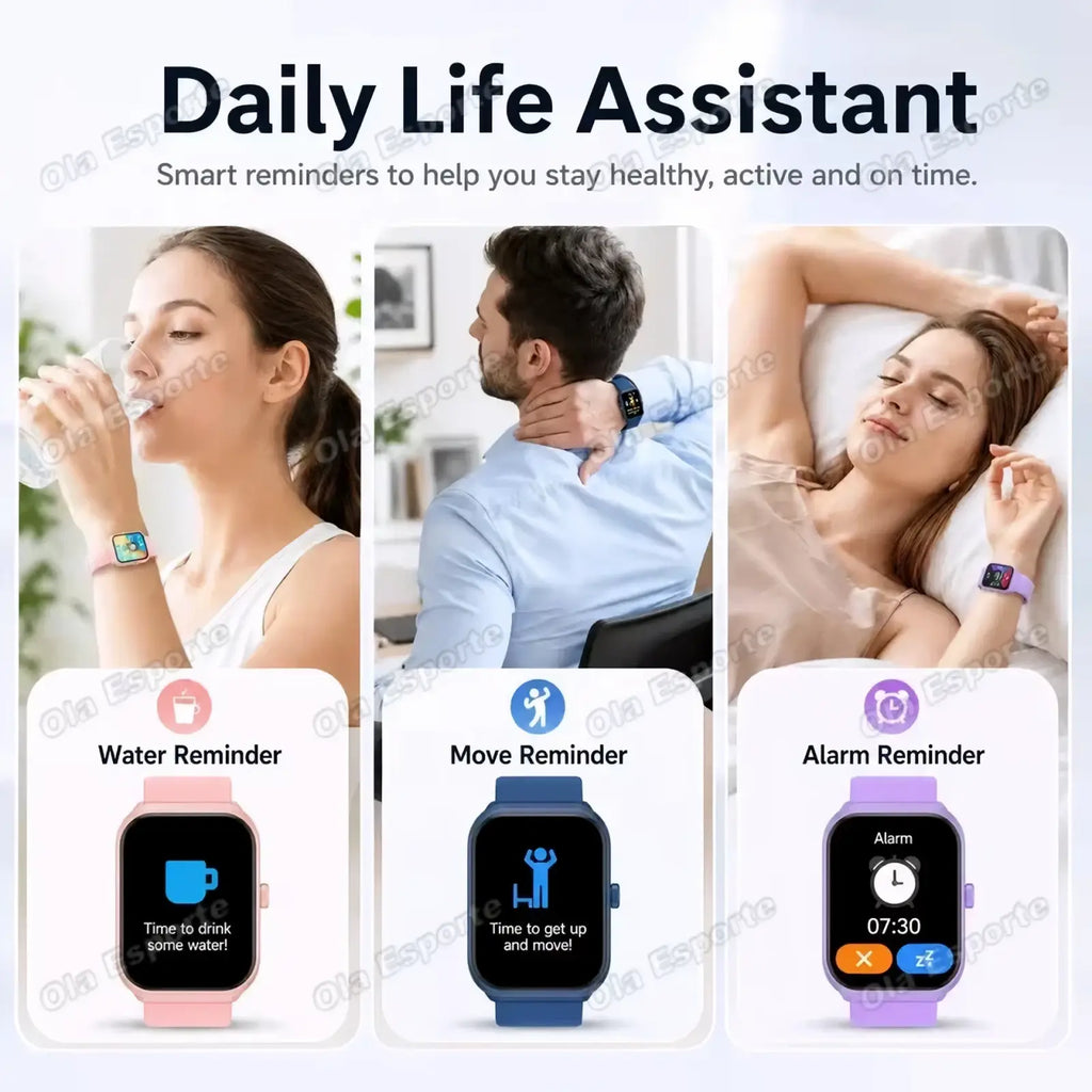 Pink blue and purple ola esporte bluetooth calling smartwatches with rectangular screens displaying health reminders