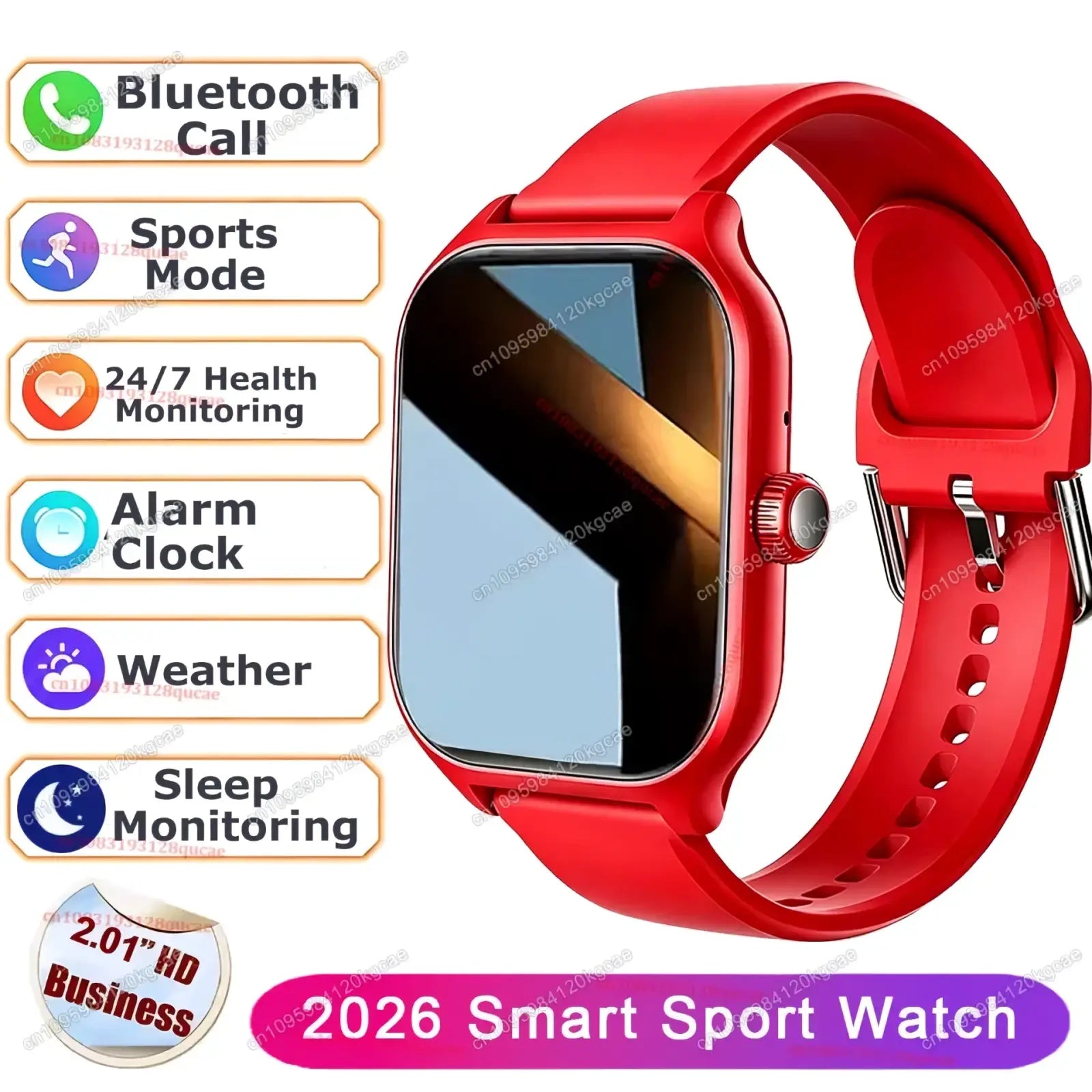Ola Esporte bluetooth calling smartwatch with fitness tracker red silicone strap rectangular screen and metallic button