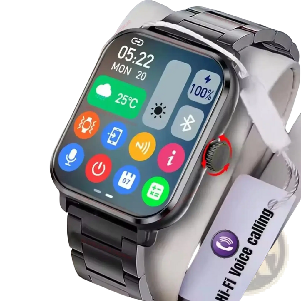 Silver stainless steel ola esporte bluetooth calling smartwatch with rectangular touchscreen showing colorful app icons and time