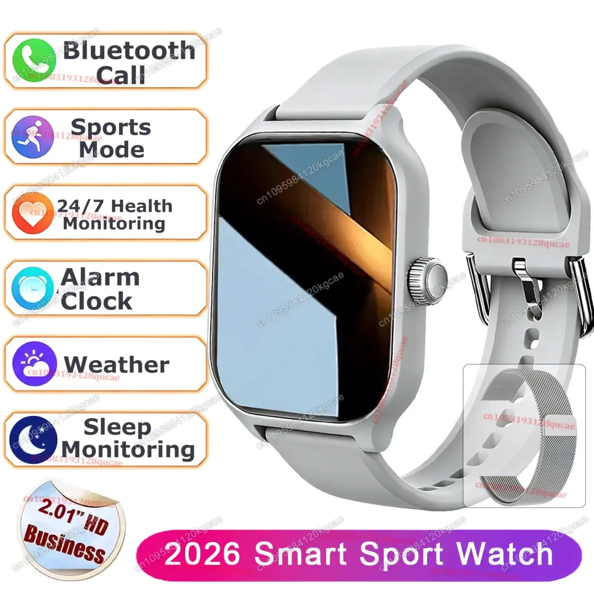 A sleek light gray ola esporte bluetooth calling smartwatch with rectangular screen and metallic side button