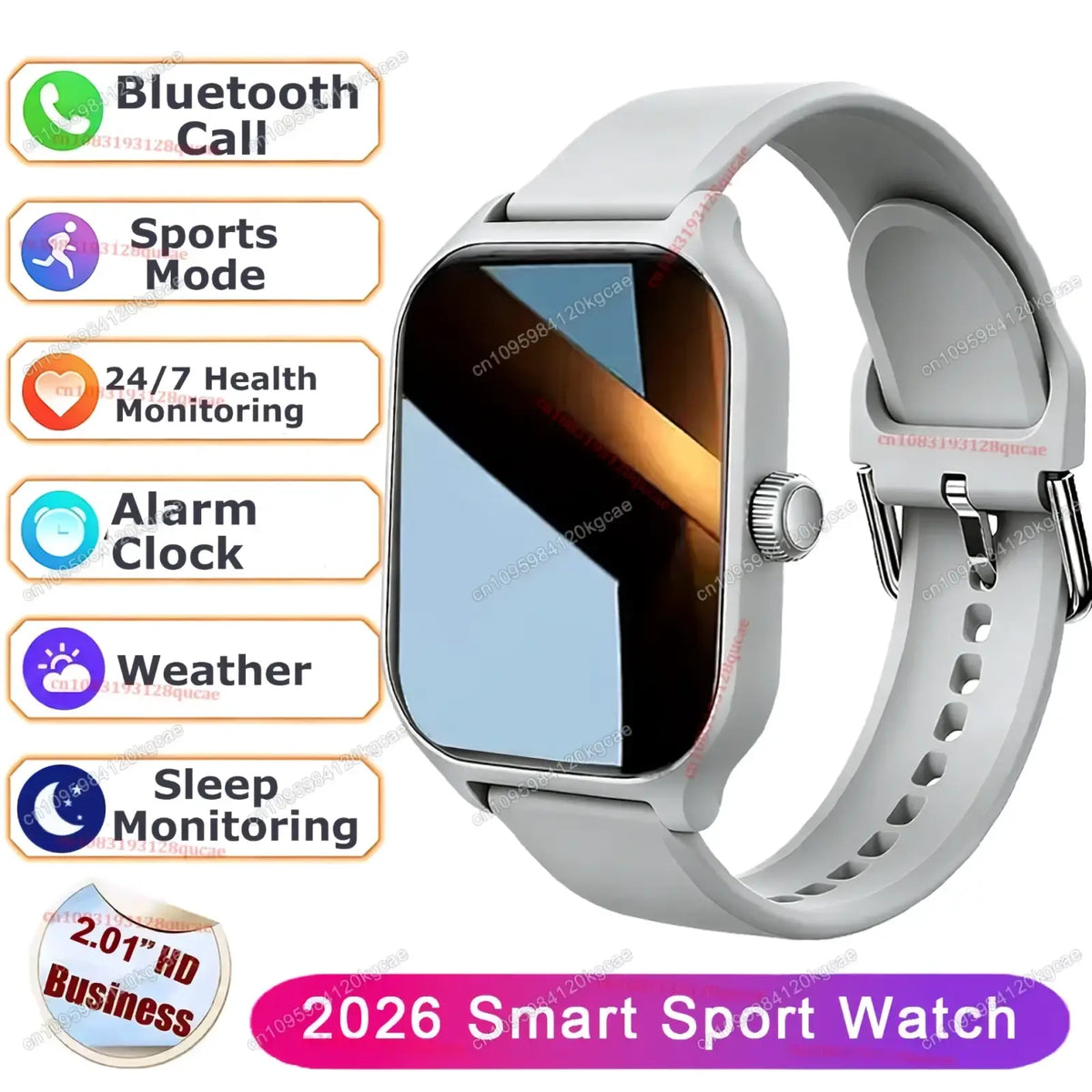 A sleek light gray ola esporte bluetooth calling smartwatch with rectangular screen and silicone strap for fitness tracking