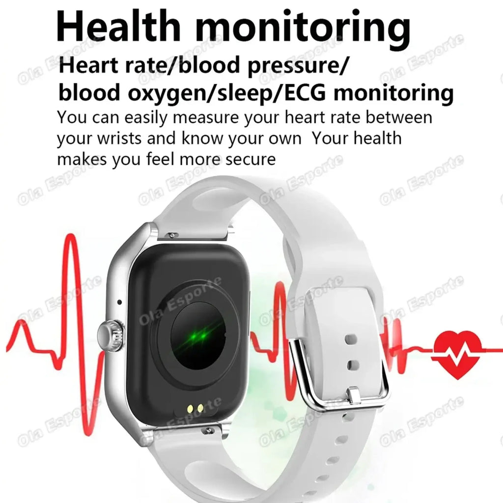 Ola Esporte bluetooth calling smartwatch with fitness tracker featuring a white silicone strap and black rectangular face