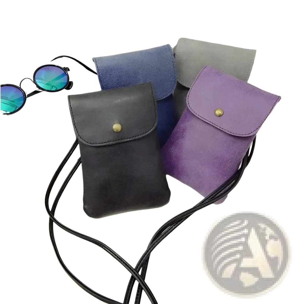 A collection of old worldly charm matte suede vegan leather crossbody bags in black purple blue and gray with gold buttons